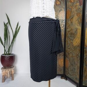 Black Pinstripe Wrap Midi Skirt Stretch Tie Waist‎ Minimal Officecore M